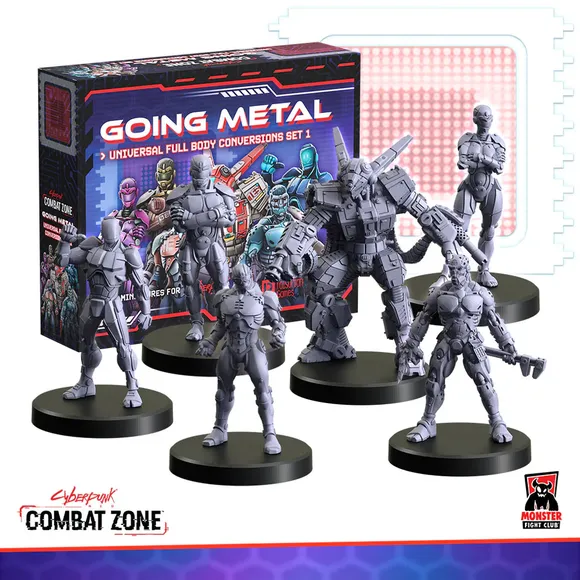 A set of six cyborg miniatures from Monster Fight Club's "Going Metal" collection, designed for the Cyberpunk Combat Zone game, is displayed in the foreground. Each miniature features a unique design, showcasing various cybernetic enhancements, and stands on circular black bases. Behind them, the packaging for the set is visible, featuring vibrant artwork and the title "GOING METAL" prominently displayed.