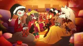 Three animated characters in a dimly lit, neon-lit room. Left: character in red coat and Santa hat holding a bucket of popcorn labeled "FRIES." Center: character in black coat holding a wrapped gift with a star. Right: character in yellow coat and hat holding a sign reading "PLZ."