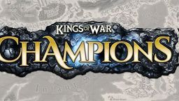 The logo for "Kings of War: Champions" features bold, stylized text with "KINGS OF WAR" in gold above "CHAMPIONS," which is highlighted in a bright blue against a textured black stone background. The design conveys a sense of fantasy and adventure, suitable for a tabletop gaming theme. The backdrop includes a faint map-like texture, suggesting a rich game world.