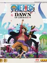 A vibrant illustration features a character from One Piece, wearing a straw hat and a red open shirt, joyfully raising one arm in celebration. The background depicts a colorful Wano landscape with traditional Japanese architecture, including pagodas and bridges, surrounded by lush greenery and pink clouds. The title "ONE PIECE: DAWN OF LIBERATION" is prominently displayed at the top, along with details indicating the game is for 1-4 players, has a playtime of 180 minutes, and is suitable for ages 14 and up.