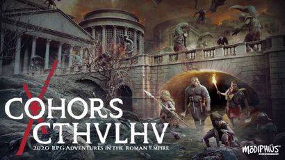 A dramatic scene depicts a group of diverse characters navigating a dark, ominous landscape reminiscent of ancient Rome. In the foreground, a Roman soldier, a warrior with a spear, and a child holding a torch are seen crossing a stone bridge, while eerie, monstrous figures loom in the background, hinting at the presence of cosmic horrors. The title "Cohors Cthulhu" is prominently displayed at the bottom, along with the subtitle "Adventures in the Roman Empire," emphasizing the game's thematic blend of mythology and historical setting.