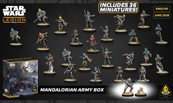 A collection of 36 miniatures from the Mandalorian Army Box for the Star Wars: Legion game is displayed, featuring various Mandalorian characters in dynamic poses. The miniatures are set against a dark background, with a prominent box at the bottom left labeled "MANDALORIAN ARMY BOX" and the text "INCLUDES 36 MINIATURES!" highlighted above. The miniatures showcase a range of armor designs and weapons, reflecting the diverse Mandalorian culture and their combat readiness.