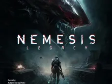 A futuristic, ruined cityscape with a large, menacing mechanical creature looming in the background. A lone, armored figure with a backpack and weapon stands in the foreground, facing the creature. The text "NEMESIS LEGACY" is prominently displayed in bold, glowing letters.