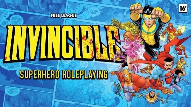 Large, bold, yellow and black splattered letters spelling "INVINCIBLE" dominate the top left. Below it, black text reads "HERO ROLEPLAYING" in a similar style. In the top left corner, smaller white text says "FREE LEAGUE."

On the right side, a group of stylized cartoon superheroes in colorful costumes are in mid-action. One blonde male in a yellow and blue suit appears to be flying or leaping forward with fists raised. A muscular male in an orange and blue suit with a smirk is also airborne. A female with pink hair in a purple and pink outfit is crouched, holding her hands out with energy effects. Another male in a green and purple outfit is in the background, mid-motion. Several speech bubbles contain text: one near the blonde male reads, "I KILLED YOU ONCE! I CAN DO IT AGAIN!!", another near the pink-haired female reads, "GOT HIM! GUYS THIS IS NO EXPERT!", and a third near the orange-suited male says, "HEY...HEY!" The background features a cityscape with