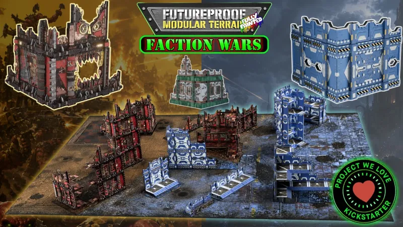 Modular sci-fi and ruined buildings, blue and brown terrain pieces, "SCI-FI TERRAIN WARS" and Kickstarter logo visible.