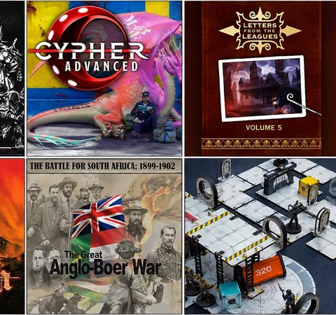 Four tabletop game covers: Cypher Advanced, Letters from the Leagues Volume 5, The Battle for South Africa, and a sci-fi board.