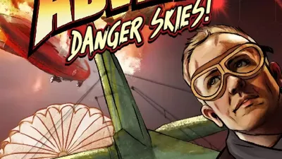 Cover art for Trinity Continuum: Adventure! Danger Skies! featuring a man in goggles and a dark jacket, holding a parachute. Bold red and yellow text reads "TRINITY CONTINUUM: ADVENTURE! DANGER SKIES!" in a retro style. Background shows a zeppelin and fiery explosion.