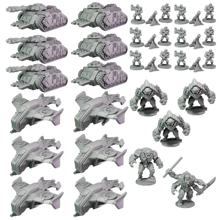A collection of unpainted plastic miniatures and vehicles for the Epic Warpath game, featuring various sci-fi elements. The scene includes multiple tanks, aircraft, and a range of humanoid figures, some appearing muscular and monstrous, indicative of the game's alien factions. The miniatures are arranged in groups, showcasing the diversity of the armies available for the game.