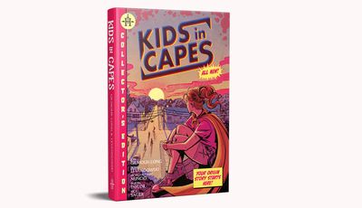 A vibrant book cover for "Kids in Capes" features a young girl with a ponytail, wearing a red cape and a pink shirt, sitting on a sidewalk. The background depicts a suburban neighborhood with houses and trees under a sunset sky. The title "KIDS in CAPES" is prominently displayed in bold, colorful letters, along with the text "COLLECTOR'S EDITION" and "YOUR ORIGIN STORY STARTS HERE!" in bright yellow.