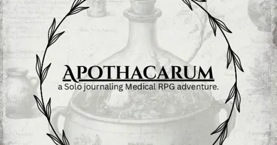 Black circular laurel wreath with text "APOTHACARUM a Solo journaling Medical RPG adventure."