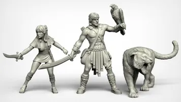 A set of three fantasy miniatures features a muscular male hero wielding a sword and holding a falcon, alongside a svelte female character brandishing a dagger. Both figures are depicted in a dynamic pose, showcasing intricate details in their clothing and accessories, reminiscent of 80s high-fantasy cinema. The miniatures are presented in a light gray color, highlighting their sculptural features.