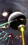 A dynamic space battle scene features various spacecraft engaged in combat against a backdrop of a large planet and distant stars. Bright laser beams and explosions illuminate the dark expanse, with several ships, including a spherical craft emitting a powerful beam, prominently displayed. The overall atmosphere conveys a sense of action and adventure typical of science fiction settings.