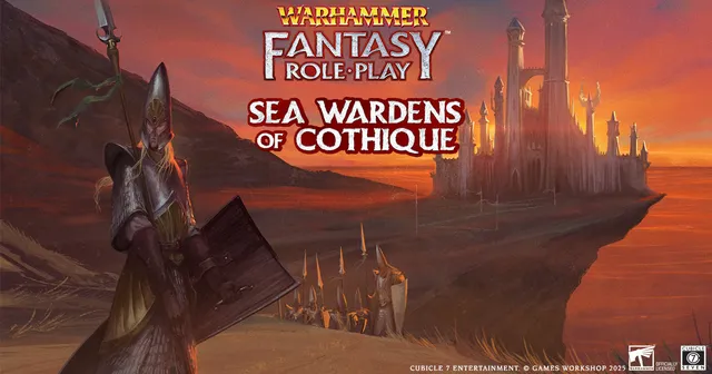 A dark, atmospheric illustration features a High Elf figure in armor, holding a shield, set against a dramatic landscape with a distant castle and mountains under a sunset sky. The title "WARHAMMER FANTASY ROLE-PLAY" is displayed at the top, with "SEA WARDENS OF COTHIQUE" prominently featured below in bold, stylized text. The overall color palette includes deep reds and purples, enhancing the mystical and adventurous theme of the High Elf kingdom.