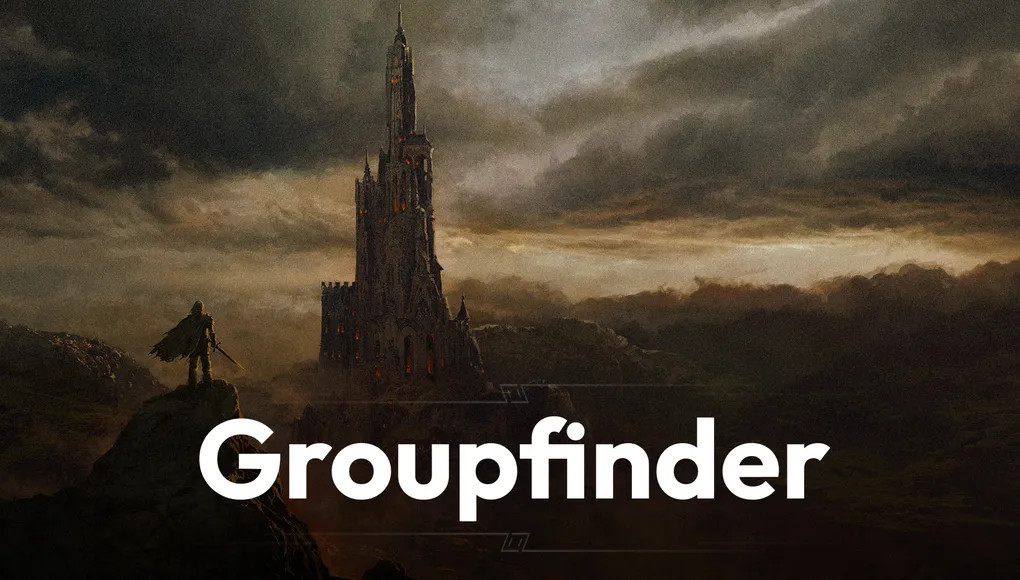 A dark, atmospheric landscape features a towering, gothic castle with intricate spires and a foreboding presence, set against a backdrop of ominous clouds and distant hills. The color palette is dominated by muted grays and browns, enhancing the sense of mystery and adventure. The word "Groupfinder" is prominently displayed in bold, white text at the bottom, suggesting a connection to the theme of exploration and discovery in tabletop role-playing games.