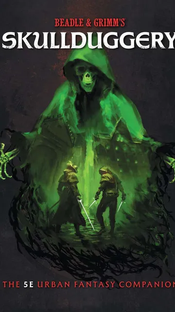 Green-robed skeleton looms over two armed figures; text "SKULLDUGGERY" above.