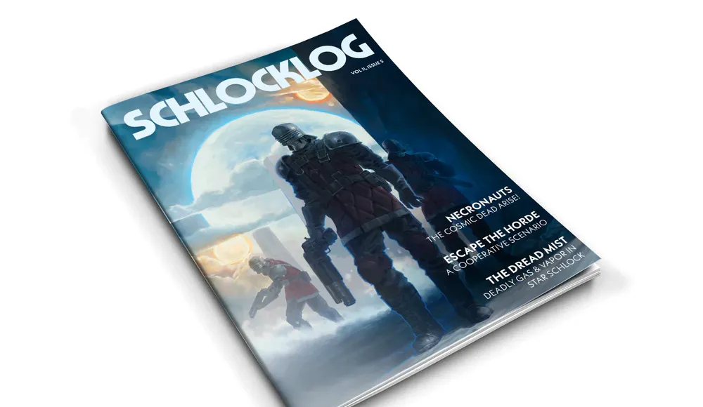 A magazine titled "Schlocklog Vol. 6" is prominently displayed, featuring a dynamic cover illustration. The cover depicts three armored figures in a sci-fi setting, with a large, glowing moon in the background. Text on the cover highlights features such as "Necronauts," "Escape the Horde," and "The Dread Mist," indicating the content within the magazine related to the Star Schlock tabletop game.