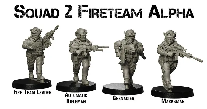 Four detailed miniature figures are displayed, representing members of Squad 2 Fireteam Alpha. From left to right, they include a Fire Team Leader holding a rifle, an Automatic Rifleman with a larger weapon, a Grenadier equipped with a grenade launcher, and a Marksman aiming with a scoped rifle. Each figure is posed dynamically and features modern military gear, showcasing the extensive research behind their design.