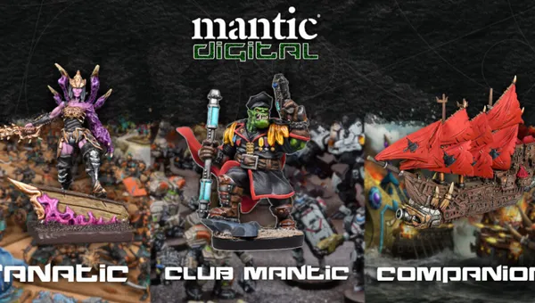 A promotional image for Mantic Digital features three distinct miniatures representing different membership tiers. On the left, a dark sorceress in purple robes stands atop a base with tendrils, labeled "Fanatic." In the center, an orc pirate wielding a weapon and wearing a captain's outfit is marked "Club Mantic." On the right, a detailed ship with red sails and skull motifs is labeled "Companion." The background is filled with various miniatures, enhancing the fantasy theme. The Mantic Digital logo is prominently displayed at the top.