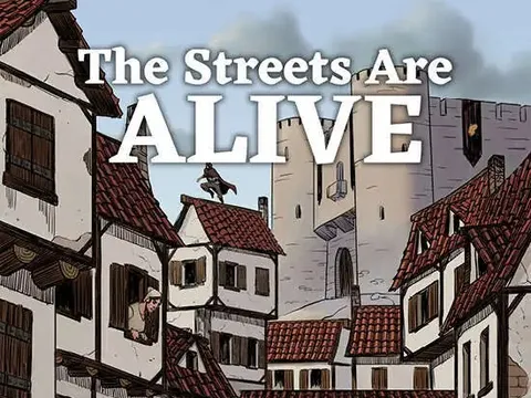 Medieval street with people, horse, and buildings. Text: A Fantasy City Street Generator