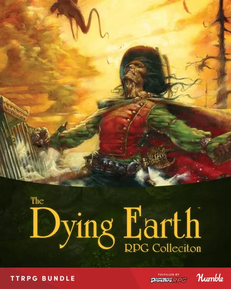 Skeletal figure in red coat and green cape, fiery sky, text "The Dying Earth"