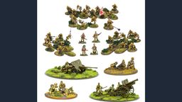 The image showcases a collection of Imperial Japanese miniatures from Warlord Games' new 'Revere the Emperor' bundle. It features 30 multi-pose plastic infantry figures, positioned in various stances, along with a 47mm light anti-tank gun and a Type 91 105mm medium howitzer, each displayed on grassy bases. Additionally, there are teams for a medium machine gun and a heavy mortar, all set against a white background, highlighting the detailed sculpting and painting of the miniatures.