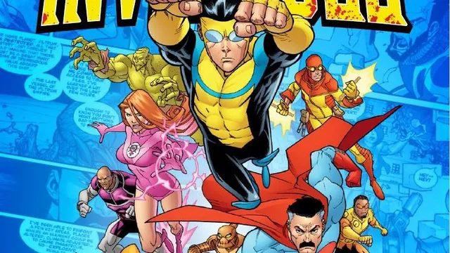 Superheroes in action with "INVINCIBLE" in bold yellow letters above.