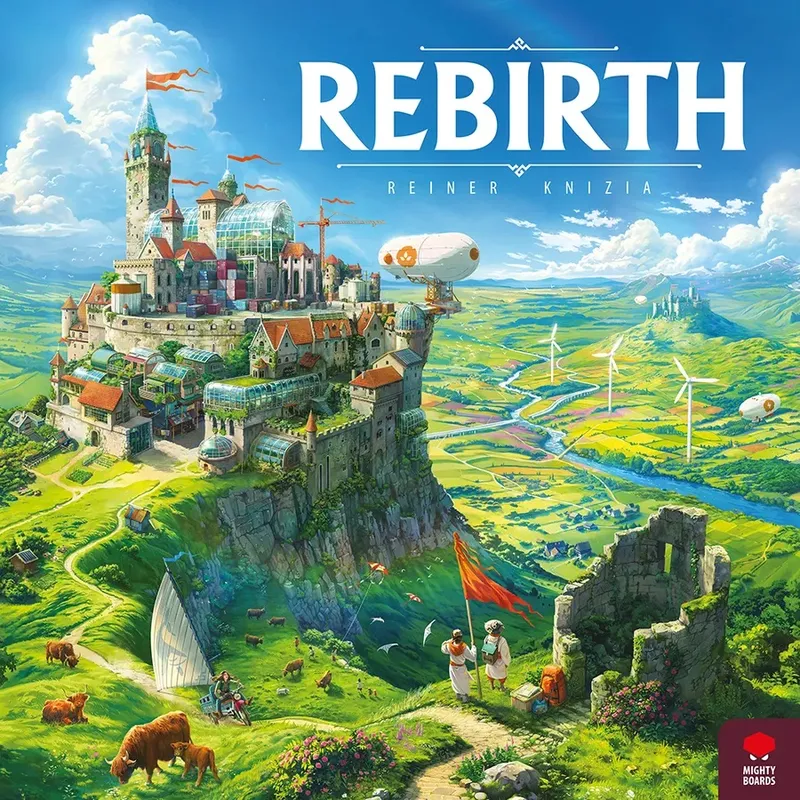 A vibrant fantasy landscape with a large, intricate castle perched on a cliff. The castle features towers, greenhouses, and various architectural styles, with an airship floating nearby. Below, lush green fields stretch toward a river, with wind turbines in the distance. A dirt path leads to the cliff, where two figures stand near a red flag. Cattle graze on the grass, and a person rides a motorcycle. The sky is bright blue with scattered clouds. The word "REBIRTH" is prominently displayed at the top, with "REINER KNIZIA" beneath it. In the bottom right corner, the "MIGHTY BOARDS" logo is visible.