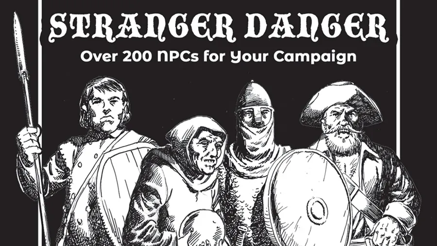 Five figures in a stylized black-and-white illustration stand together against a plain dark background. At the top, the text reads: "Over 200 NPCs for Your Campaign." Below the figures, smaller text says: "Designed for use with Shadowdark RPG."

From left to right:
1. A person with long hair, wearing a sleeveless tunic and cross-gartered leggings, holding a spear over one shoulder.
2. A person with shoulder-length hair, dressed in layered robes with fur trim, holding a staff in one hand.
3. An older person with a long beard, wearing a hooded cloak and holding a book or scroll.
4. A person in full plate armor with a closed helmet, holding a round shield with a circular emblem.
5. A person with a long beard and mustache, wearing a wide-brimmed hat, a long coat, and boots, holding a sword at their side.