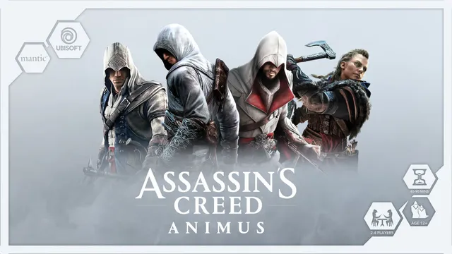 Four iconic characters from the Assassin's Creed franchise are featured prominently, each dressed in distinctive historical attire. The characters are positioned side by side, showcasing a mix of stealthy and combat-ready poses, with weapons and accessories that highlight their unique abilities. The title "Assassin's Creed: Animus" is displayed boldly at the bottom, along with a note indicating the game is designed for 2-4 players.