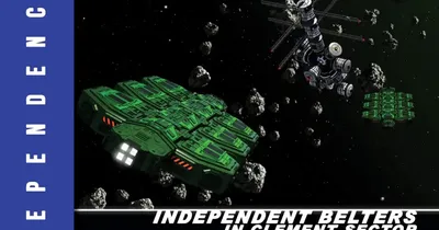 Spacecraft in green and gray colors flying near rocky debris in space. Text reads: "ON THE ROCKS," "INDEPENDENCE G," "INDEPENDENT BELTERS IN CLEMENT SECTOR," "CEPHEUS ENGINE," and "CLEMENT SECTOR" with a logo.