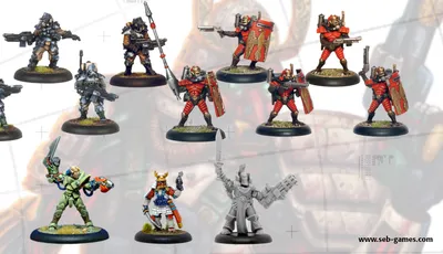 A collection of miniature figures showcases two new additions to the webshop. The top row features several armored warriors, including a fierce warrior from the Leviathan Classic Range, who channels Earthpower, and multiple Convict Auxilia in red armor, equipped for close combat. The bottom row includes a diverse array of characters, such as a figure in green with a bow, a samurai-inspired warrior, and a gray figure wielding a large weapon, all set against a subtle background.