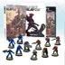 A collection of miniatures and rulebooks for the sci-fi tabletop game Void 2.0 is displayed. In the foreground, there are 12 painted miniatures: four blue Viridian Interdict Marines, one blue Viridian Assault Marine with a heavy machine gun, six red Junkers Convict Legionaries, and one red Junker Legionary with a flamethrower. In the background, three rulebooks are visible, including the "INTRODUCTORY SET," "Combat Manual," and "Squad Tactics," all featuring dynamic artwork.