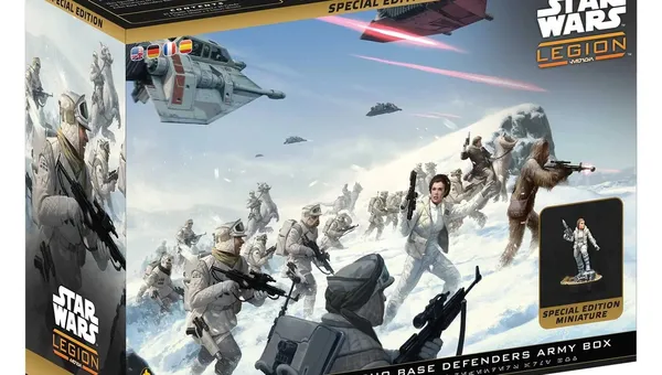 The box for the "Echo Base Defenders Army Box" features a dynamic illustration of Rebel soldiers in snowy terrain, equipped for battle on the icy planet Hoth. Prominently displayed is a Special Edition miniature of General Leia Organa, alongside various troopers and a Wampa in the background. The packaging includes the "Star Wars: Legion" logo and highlights the special edition status, with additional text in multiple languages on the top.