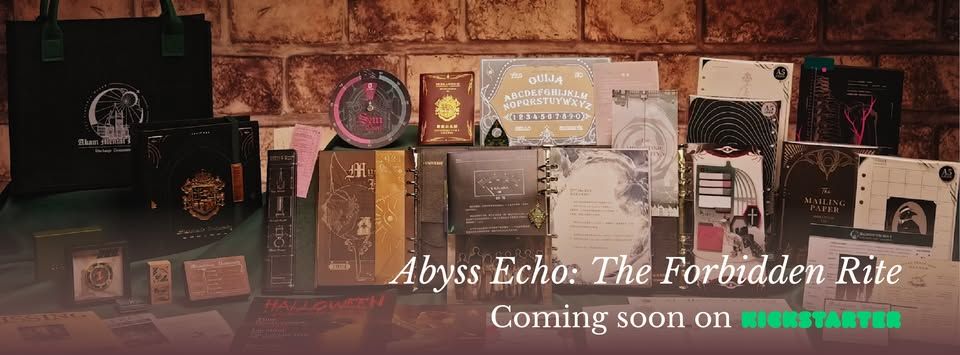 A collection of various themed props and materials is displayed on a dark surface, showcasing the upcoming Kickstarter project "Abyss Echo: The Forbidden Rite." The assortment includes intricately designed books, sealed letters, and occult artifacts, all contributing to a mysterious atmosphere. The text "Abyss Echo: The Forbidden Rite" and "Coming soon on KICKSTARTER" is prominently featured, inviting players to engage in a chilling Cthulhu Mythos adventure.