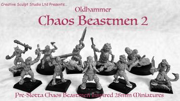 A collection of ten hand-sculpted beastmen miniatures is displayed, showcasing a variety of bizarre mutations, including hooves, tentacles, and horns. Each figure is cast in white metal and features unique weapons and minimal armor, emphasizing their grotesque designs. The text "Oldhammer Chaos Beastmen 2" is prominently featured, along with a subtitle indicating they are inspired by 28mm miniatures.