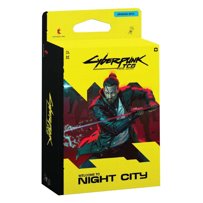 A brightly colored packaging for the Cyberpunk Trading Card Game features a striking illustration of a character wielding a katana, set against a vibrant yellow background. The text "WELCOME TO NIGHT CITY" is prominently displayed at the bottom, along with the game's title and branding. The top of the box indicates that it contains the "ARASAKA DECK," suggesting a focus on the Arasaka corporation within the game.