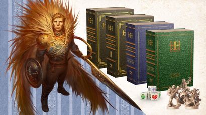 A heroic character stands prominently in the foreground, adorned in ornate armor with a striking feathered cape, holding a large sword and a shield. Behind him, several beautifully designed books are displayed, including titles like "Adventures in the Household" and "Volume II," each featuring distinct colors and elegant lettering. The background features a subtle striped pattern, enhancing the overall whimsical and adventurous theme of the scene.