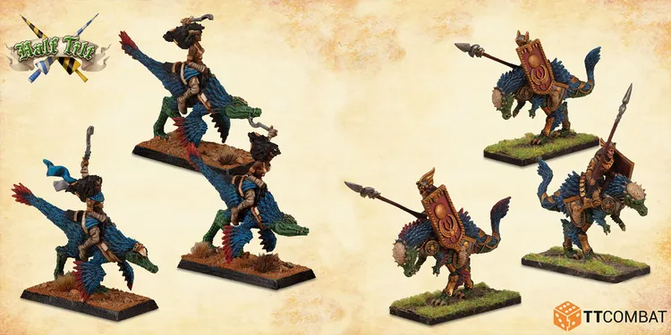 A collection of miniatures features various jousters mounted on colorful, fantastical lizards. On the left, two riders are depicted on vibrant blue and green lizards, while on the right, a knight in armor holds a spear atop a similarly styled lizard, showcasing intricate details and dynamic poses. The bases are adorned with grass, enhancing the lively presentation against a textured, parchment-like background.