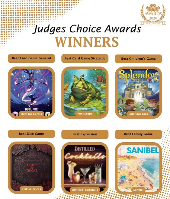 A graphic displays the winners of the UK Games Expo Judges’ Choice Awards 2026, featuring a grid layout with images of the winning games. The top row includes 