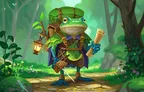 Anthropomorphic frog-like character standing on a stone path in a lush, green forest. The character has large, round eyes with orange irises, and wears a wide-brimmed hat with a rolled blanket or cloak tied on top. A brown leather vest with multiple straps and buckles covers a dark purple shirt. The character carries a lit lantern in one hand and a sheathed sword in the other, with the sword partially drawn. They have webbed feet and wear blue gloves. The background shows tall trees, mist, and scattered pink and purple flowers. The art style is vibrant and stylized.
