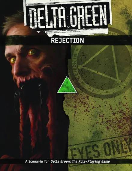 Man with yellow eyes, black headband, text "REJECTION" and green triangle.