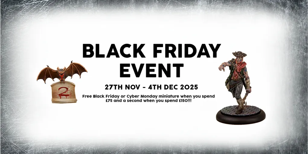 A promotional graphic for TTCombat's Black Friday event features bold text stating "BLACK FRIDAY EVENT" at the top, with dates from "27TH NOV - 4TH DEC 2025" below. On the left, there is an illustration of a small cart with a red and white striped umbrella, while on the right, a miniature figure stands, showcasing a character in a dynamic pose. The text highlights a free miniature offer for purchases over £75 and a second free miniature for orders over £150.