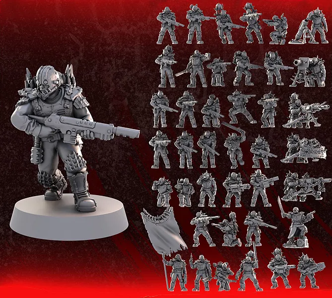 A prominent sci-fi miniature stands in the foreground, holding a large weapon and wearing detailed armor with spikes and a mask. Surrounding this central figure are numerous smaller miniatures, showcasing a variety of poses and weaponry, all rendered in a gray, unpainted finish. The background features a dark, textured design with a striking red gradient, enhancing the grimdark aesthetic of the collection.
