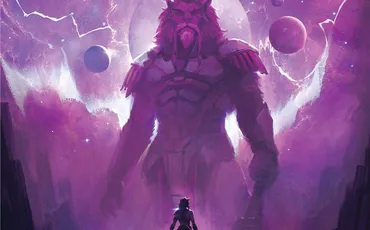 Traveller: The Aslan Hierate, large lion-like figure, small figure with sword, purple space backdrop