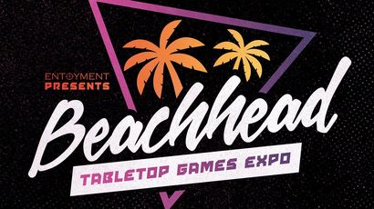 The design features the word "Beachhead" prominently in a bold, stylized font, with the phrase "TABLETOP GAMES EXPO" beneath it. Vibrant palm trees in orange and yellow are positioned above the text, set against a dark, textured background with geometric shapes in purple and pink. The overall aesthetic conveys a lively and tropical theme, suitable for a gaming event.