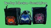 Three drawstring bags with embroidered fox, owl, and deer designs. Text: "Bag Collection - Forest &"