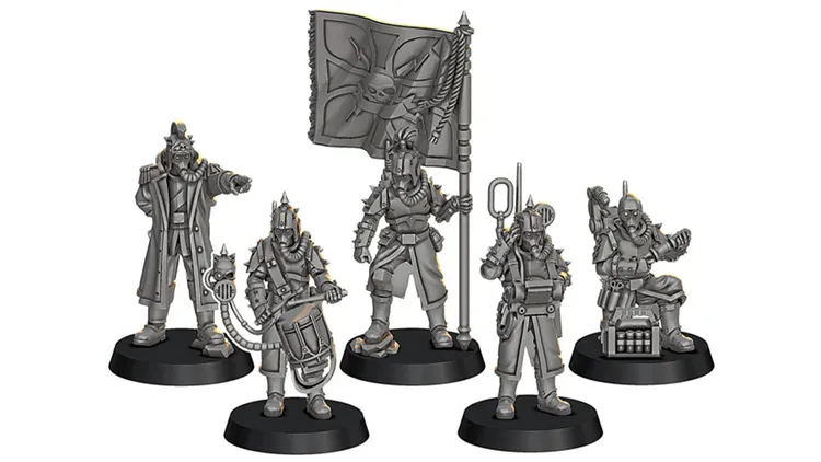 Five detailed miniatures stand on black bases, showcasing a variety of characters from the War Scenery’s Fall of Castograd campaign. The figures include a flag bearer with a skull emblem, a drummer with a drum and a chain, and other characters equipped with various weapons and gear, all designed in a spiky, grimdark style. Each miniature features intricate details, emphasizing their dynamic poses and unique attributes.
