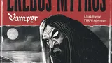 Black and white illustration of a cloaked figure with a pale, featureless face, hunched over a body. Full moon and crosses in background. Text: "Erebus Mythos Vampyr A Folk Horror TTRPG Adventure".