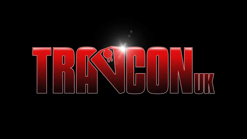 The image features the logo for "Travcon," prominently displayed in bold, red letters against a black background. The "TRA" portion of the logo is stylized, with a key symbol integrated into the letter "V," adding a unique touch. The overall design conveys a sense of excitement and adventure, fitting for a convention dedicated to the Science Fiction RPG game, Traveller.