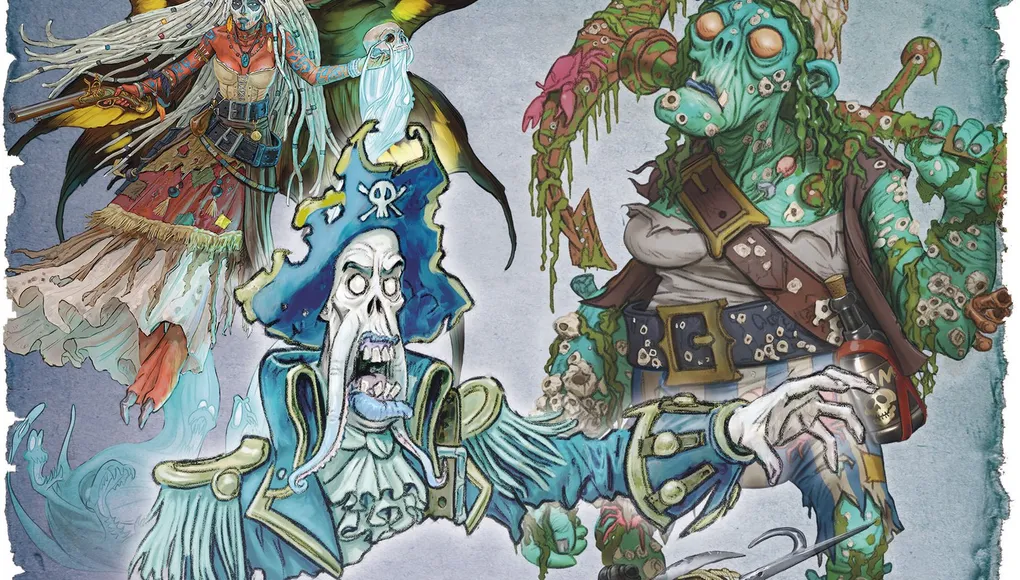 A vibrant illustration features four undead pirate characters. On the left, a faerie pirate with large, dark wings and flowing hair is depicted, wearing a tattered dress. In the center, an undead pirate captain in a blue coat and tricorn hat, with a skeletal face and a long beard, gestures dramatically. To the right, a green-skinned pirate with a patchy outfit and various sea creatures adorning her body holds a weapon, while a crab-like creature with a pirate hat and bulging eyes sits in the foreground, showcasing a treasure-laden shell. The background has a textured, oceanic theme, enhancing the eerie atmosphere.